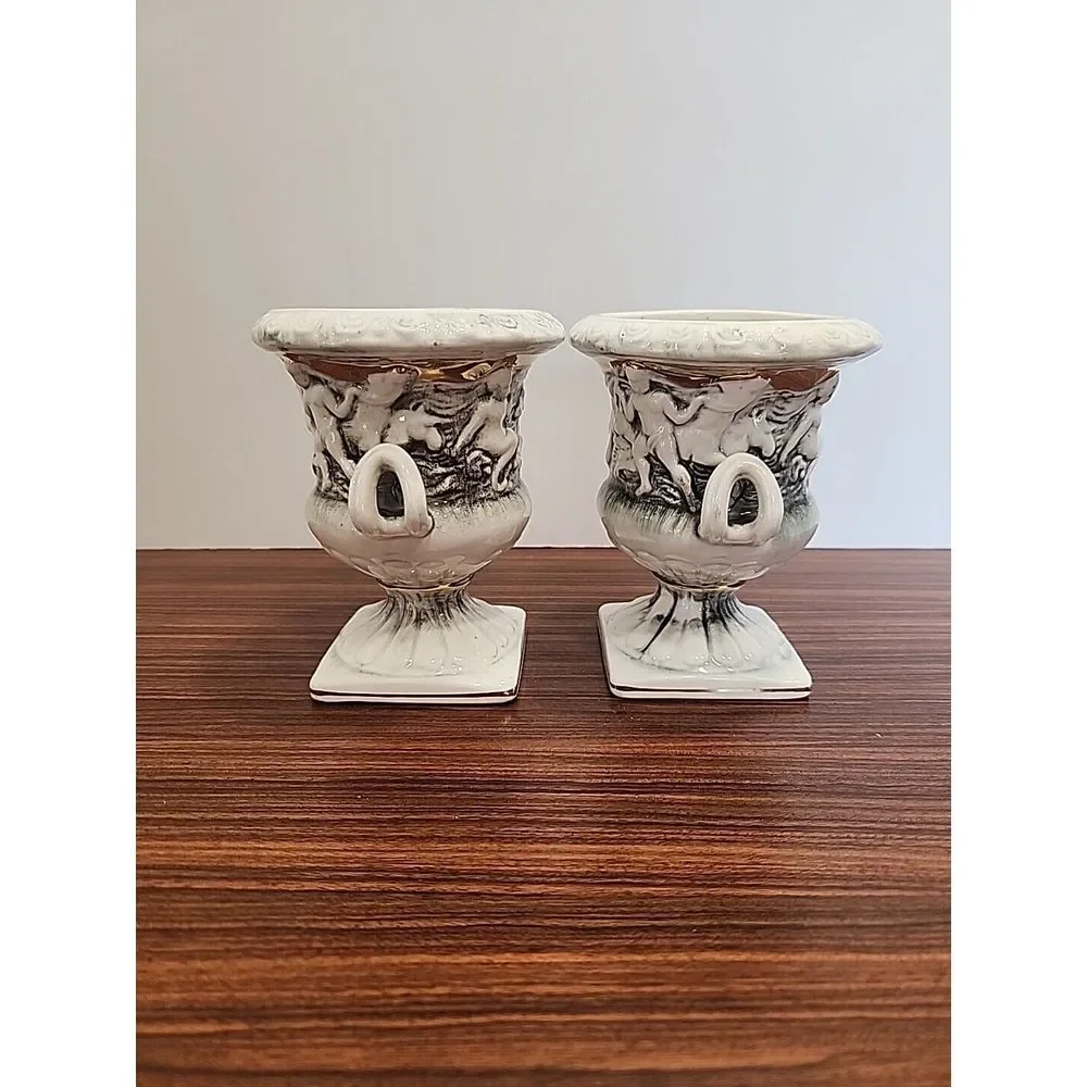 Set‎ of 2 Vintage 4 Inch Vase Original Lefton Sticker Cherub Mermaid Porcelain